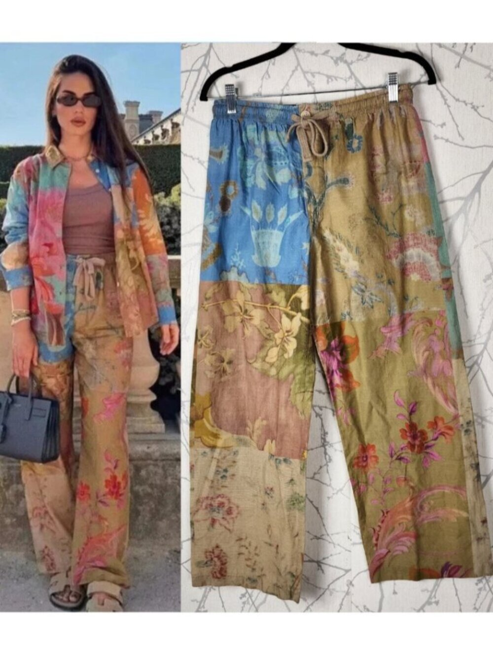 Zara Floral Patchwork Print Cotton High Rise Wide Leg Pants